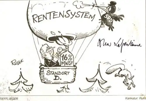 Autogramm Oskar Lafontaine, Ministerpräsident, Karikatur Rulle, Rentensystem, Ballon