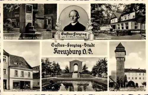 Ak Kluczbork Kreuzburg Oberschlesien, Gustav Freytag, Schützenhaus, Brunnen, Geburtshaus