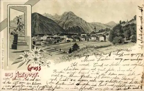 Litho Altdorf Kt Uri, Gesamtansicht, Tell-Denkmal