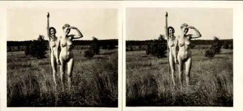 Stereo Foto: Gerhard Riebicke Erotik, Frauenakt, zwei Frauen auf einer Wiese stehend