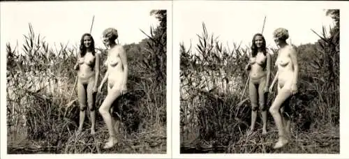 Stereo Foto: Gerhard Riebicke Zwei nackte Frauen, Teich, Frauenakt, Erotik