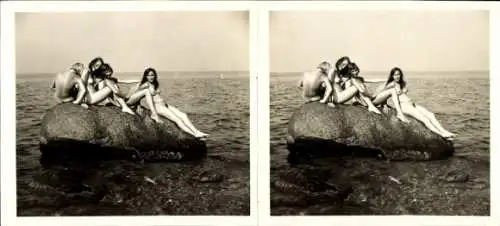 Stereo Foto: Gerhard Riebicke Erotik, Nackte Frauen auf den Felsen, Frauenakt