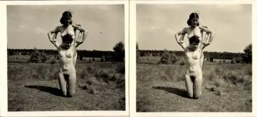 Stereo Foto: Gerhard Riebicke Erotik, Zwei nackte Frauen, Frauenakt, Turnfigur