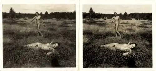 Stereo Foto: Gerhard Riebicke Erotik, Nackte Frauen, Frauenakt, Wiese, Natur