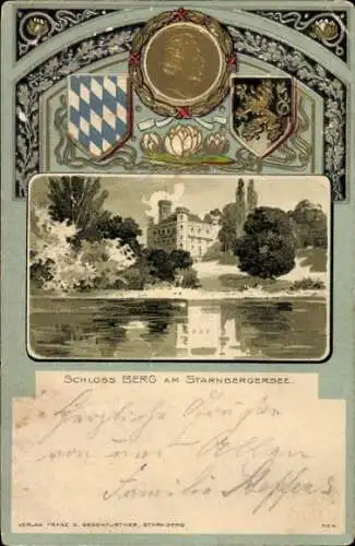 Präge Wappen Litho Berg am Starnberger See in Oberbayern, Wasserblick zum Schloss