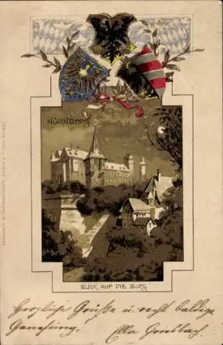 Passepartout Präge Wappen Litho Nürnberg Mittelfranken Bayern, Blick auf die Burg bei Mondenschein