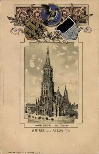 Präge Wappen Litho Ulm an der Donau Baden Württemberg, Blick auf den Münster, Spatz