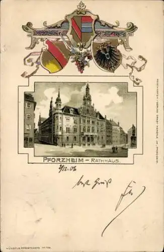 Präge Passepartout Litho Pforzheim im Schwarzwald, Rathaus, Wappen