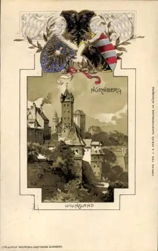 Präge Wappen Passepartout Litho Nürnberg in Mittelfranken, Luginsland