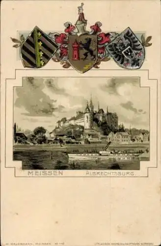 Passepartout Präge Wappen Litho Meißen, Albrechtsburg, Dampferpartie, drei Wappen