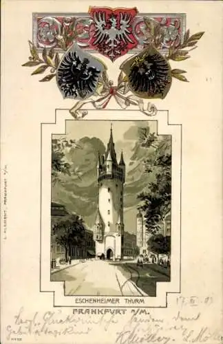 Präge Wappen Litho Frankfurt am Main, Eschenheimer Turm