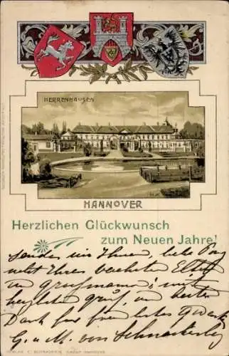 Präge Passepartout Litho Herrenhausen Hannover in Niedersachsen, Wappen, Kurhaus, Neujahr