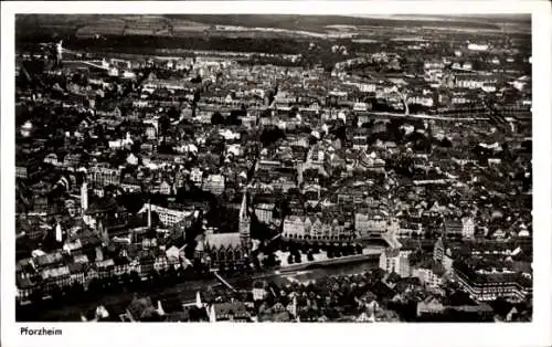 Ak Pforzheim, Luftaufnahme der Stadt mit Fluss