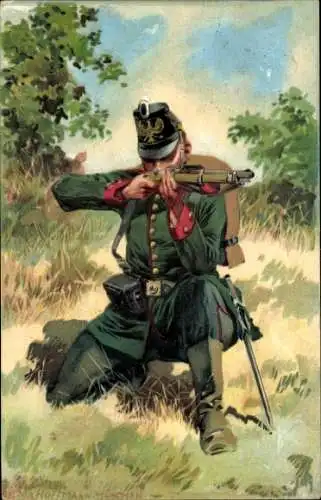 Künstler Litho Hoffmann, A., deutscher Soldat, Garde Jäger Regt. 7, Munitionsgürtel, Gewehr