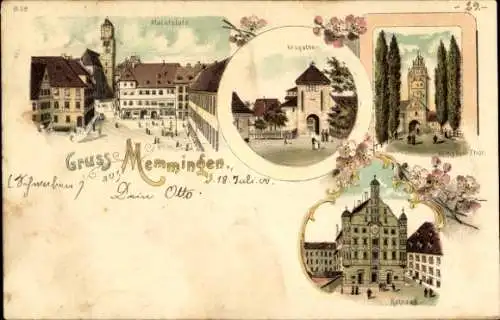 Litho Memmingen in Schwaben, Rathaus, Kempter Tor, Krugstor, Marktplatz