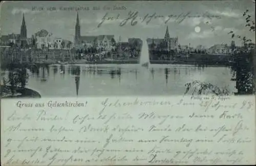 Mondschein Ak Gelsenkirchen im Ruhrgebiet, Blick vom Kaisergarten auf die Stadt