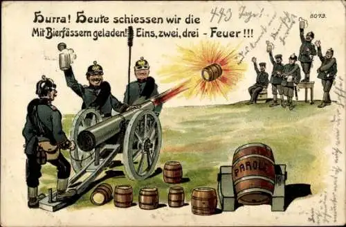 Litho Soldaten schießen mit Bierfässern, BB&OL 8073