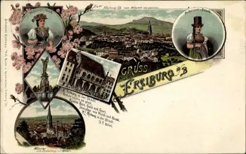 Litho Freiburg im Breisgau, Panorama, Volkstracht als Elzach und Gutach, Münster