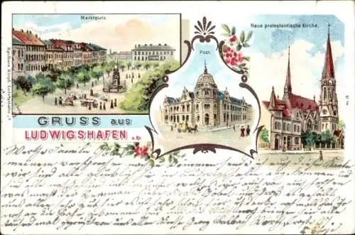 Litho Ludwigshafen am Rhein, Neue protestantische Kirche, Marktplatz, Post