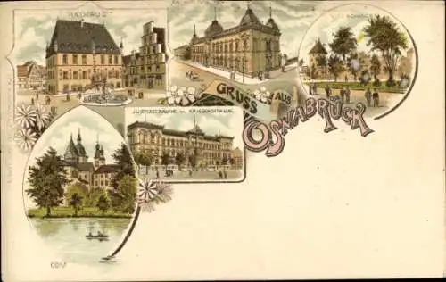 Litho Osnabrück in Niedersachsen, Rathaus, Post, Justizgebäude, Kriegerdenkmal, Vitischanze, Dom