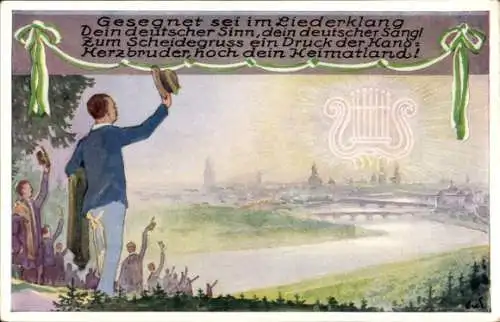 Künstler Ak Dresden, 1. Sächsisches Sängerbundesfest 1925, Blick zur Stadt