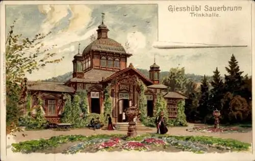 Künstler Ak Kyselka Gießhübl Giesshübl Sauerbrunn Region Karlsbad, Trinkhalle