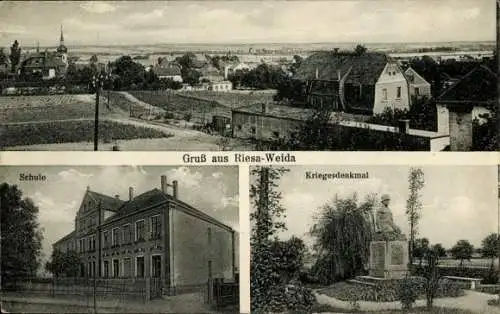 Ak Weida Riesa an der Elbe Sachsen, Panorama, Schule, Kriegerdenkmal