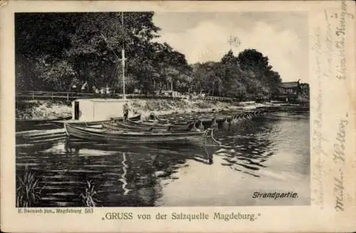 Ak Magdeburg an der Elbe, Salzquelle, Ruderboote, Strand