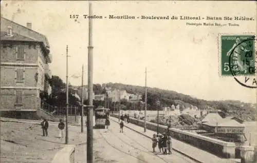 Ak Le Mourillon Toulon Var, Boulevard du Littoral, Bains Ste Helene, Straßenbahn