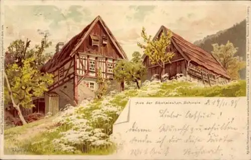 Künstler Litho Nöther, Adolf, Aus der Sächsischen Schweiz, Bauernhäuser, Meissner & Buch