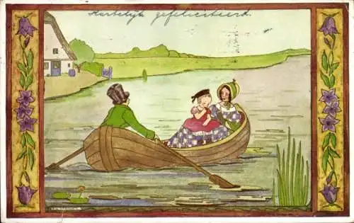 Passepartout Künstler Ak Cramer, R., Kinderdeuntjes mit Grootmoeders tijd, Schuitje varen