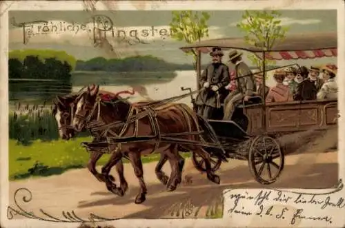 Künstler Litho Mailick, Glückwunsch Pfingsten, Spazierfahrt im Pferdewagen