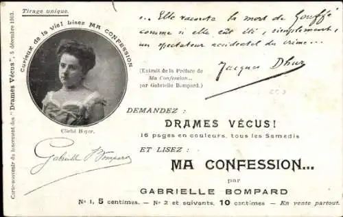 Ak Gabrielle Bompard, Drames Vecus, Ma Confession, Malle sanglante de Millery, affaire Gouffé 1889