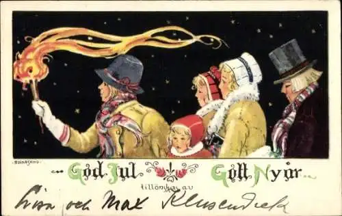 Ak Glückwunsch Neujahr, Kinder, einer mit Fackel, God Jul, Gott Nyar, Schwedisch