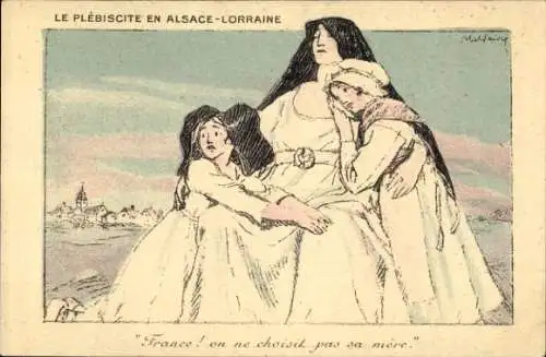 Künstler Ak Faivre, Abel, Le Plebiscite en Alsace Lorraine, Allegorie, Elsässer Volkstrachten