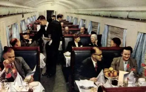 Ak The Dining Saloon on the Blue Train, Innenansicht von einem Eisenbahnabteil