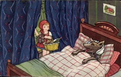 Künstler Ak Boriss, Margret, Roodkapje, Rotkäppchen, Wolf im Bett