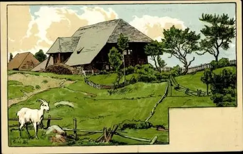 Künstler Ak Landschaft mit Haus und Ziege