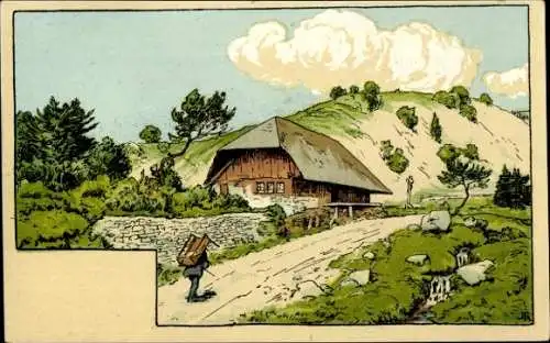 Künstler Ak Hans Thoma, Bauernhaus, Wanderer