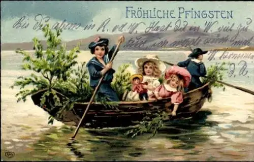 Präge Litho Glückwunsch Pfingsten, Kinder in einem Ruderboot, Puppe, Junge im Matrosenanzug, EAS