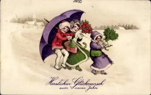 Ak Glückwunsch Neujahr, Kinder mit Regenschirm, Kleeblätter, Winterlandschaft