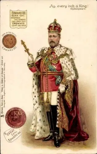 Litho König Edward VII. von England, Standportrait, Königliche Insignien, Krone, Münze