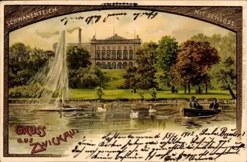 Litho Zwickau in Sachsen, Schwanenteich mit Schloss