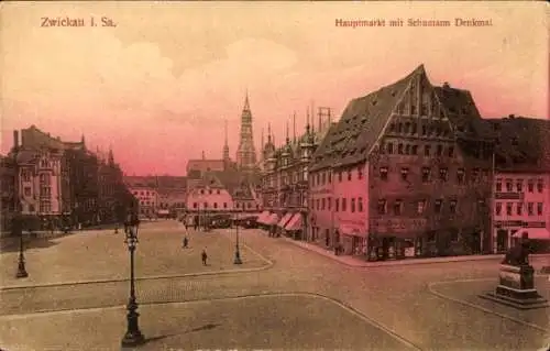 Ak Zwickau in Sachsen, Hauptmarkt mit Schumanndenkmal