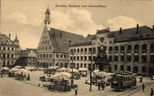 Ak Zwickau in Sachsen, Rathaus und Gewandhaus, Markt, Straßenbahn