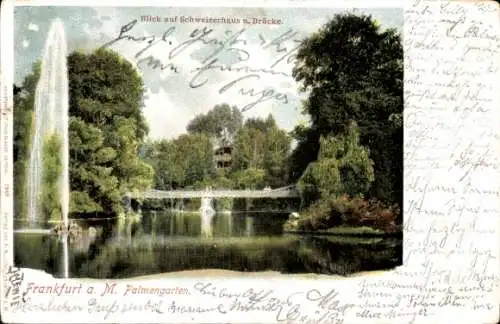 Ak Frankfurt am Main, Blick auf Schweizerhaus und Brücke im Palmengarten, Fontäne