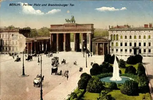 Ak Berlin Mitte, Pariser Platz und Brandenburger Tor, Fontäne