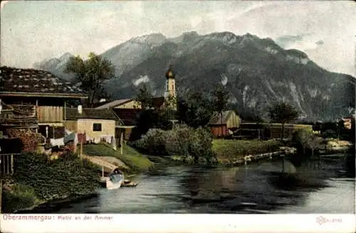 Ak Oberammergau in Oberbayern, Ammer, Gesamtansicht