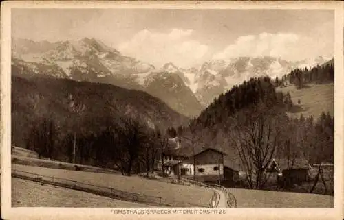 Ak Graseck Garmisch Partenkirchen in Oberbayern, Forsthaus Graseck mit Dreitorspitze