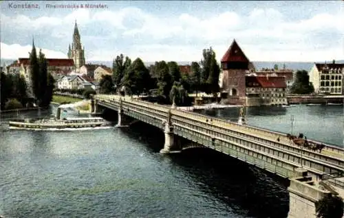 Ak Konstanz am Bodensee, Rheinbrücke und Münster